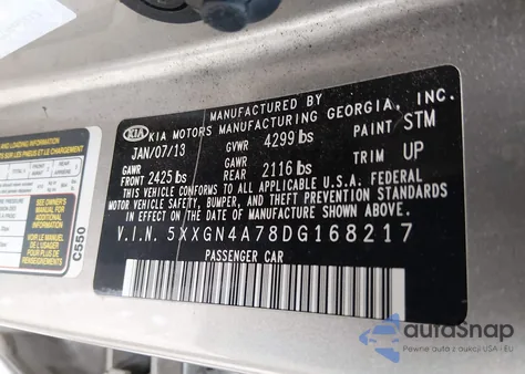 2013 Kia Optima Ex z USA, uszkodzony, nr VIN 5XXGN4A78DG168217